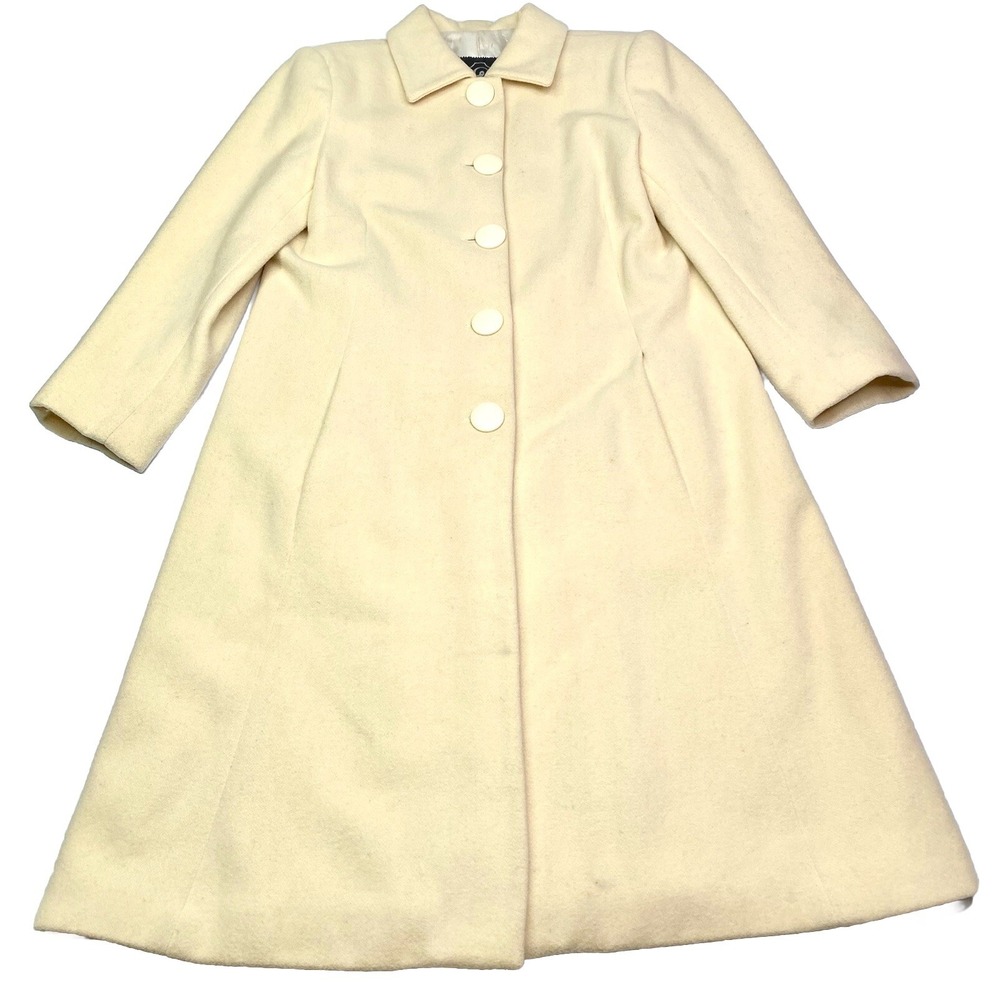 Vintage Cream Wool A-Line Overcoat Button Front Long Jacket Off-White SZ 10